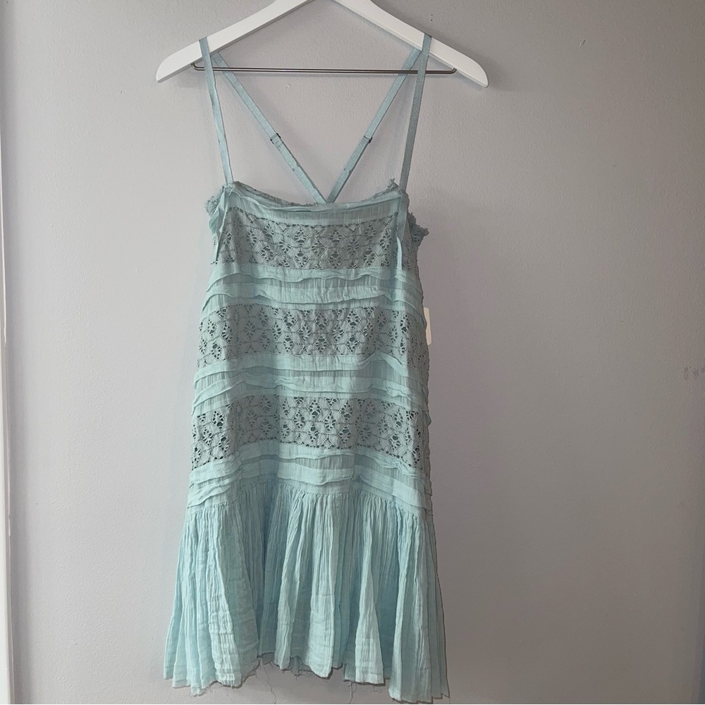 New Free People FP One Shailee Slip Dress Lace Mint Sky Blue Green Cotton Medium - Picture 5 of 11